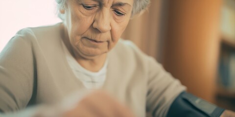 Senior woman measuring blood pressure feeling worried about health