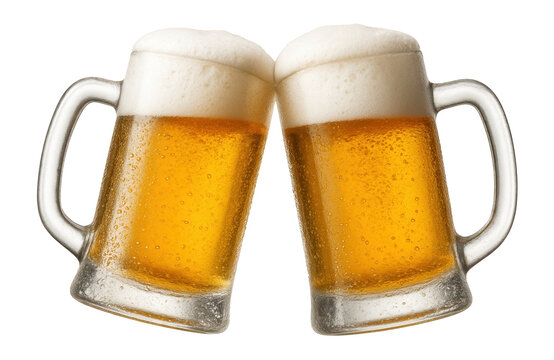 Two beer mugs clinking together.