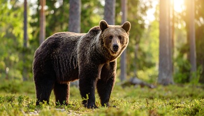 Fototapeta premium Brown bear in a forest at sunrise