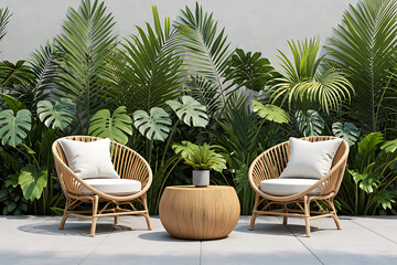 Fototapeta premium Tranquil Outdoor Seating Area with Rattan Chairs Tropical Plants and Modern Design for Relaxing in Nature