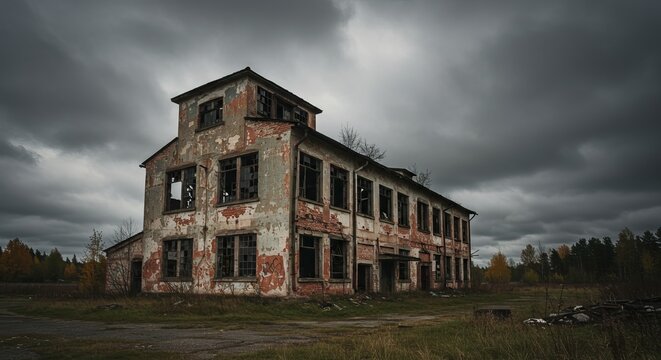Abandoned industrial building with peeling paint against dramatic stormy sky