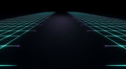 Futuristic neon grid highway leads to dark abyss