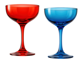 Stylish cocktail glass set in vibrant red and blue, angled diagonally.