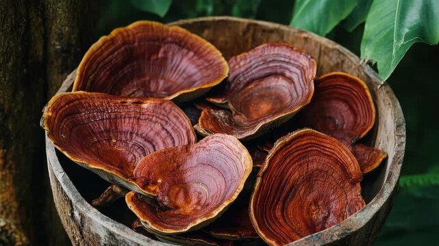Bowl of Reishi Mushrooms in a Wooden Container close up shot