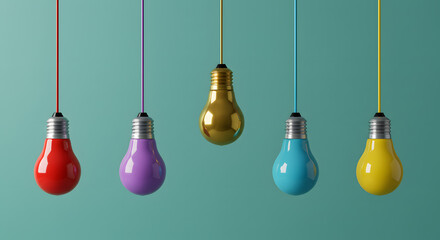 One outstanding golden idea concept with colorful bulbs with solid color background , Colorful lightbulbs concept 