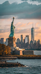 Fototapeta premium New York City skyline panorama with skyscrapers at sunset
