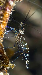 Close-up of a vibrant shrimp clinging to coral