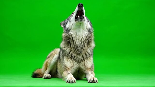portrait of a gray wolf on green screen