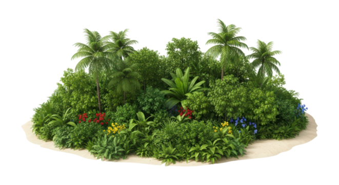 Lush tropical island with palm trees and colorful flowers on transparent background