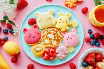 Creative animal-themed pancake art with fresh fruits on bright background