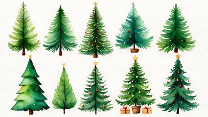 Watercolor Christmas Tree Collection Illustration Festive Holiday Season Celebration and Winter Decoration with Elegant Green Design and Festive Ornamentation