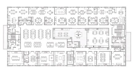 Architectural floor plan of a large office building with cubicles and meeting rooms
