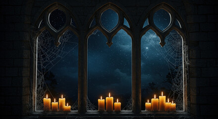 Halloween-digital art of a gothic window with glowing candles and spider webs, night sky visible, Halloween haunted house mood