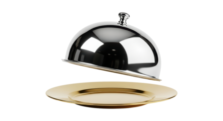 Silver cloche lifting over golden plate with transparent background