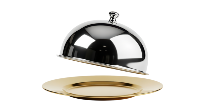 Silver cloche lifting over golden plate with transparent background