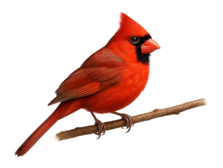 Red cardinal perched sideways on a thin branch against a white background.
