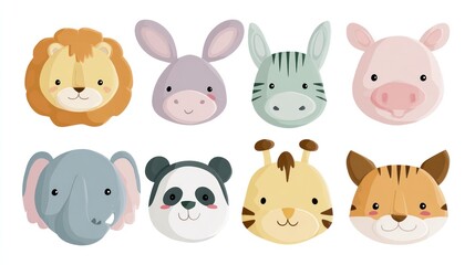Cute, colorful animal head illustrations on a white background, featuring various wild and farm creatures