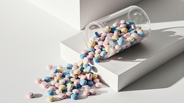 Colorful medical capsules and tablets Spilling from Glass Jar on White stairs ai generative - Powered by Adobe
