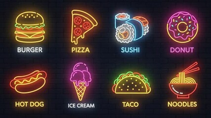 Neon food icons burger pizza sushi donut hot dog ice cream taco noodles - Powered by Adobe
