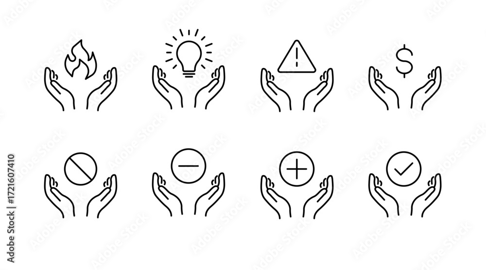 Poster hands and symbols line icons set – outline, linear, gesture and communication graphics