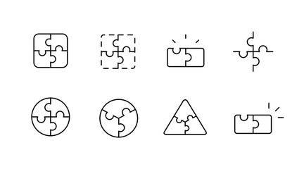 Puzzle outline icons set – linear and line style, jigsaw and brain game elements