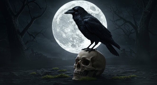 Halloween-digital art of a raven sitting on skull, full moon in background, gothic Halloween style, cinematic lighting