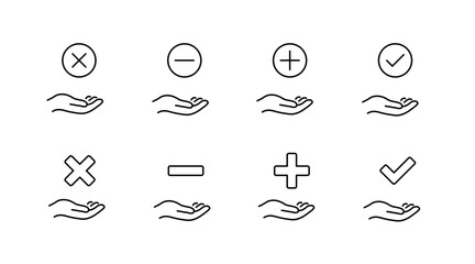 Hands and symbols outline icons set – linear, minimalist gesture illustrations