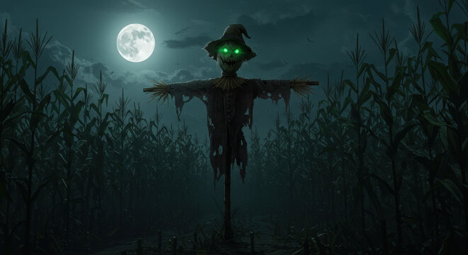 Halloween-digital art of a scary scarecrow with glowing eyes standing in cornfield, moonlight casting long shadows, Halloween horror style
