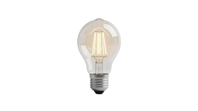 Vintage glass bulb radiates soft, warm light on a transparent background. Great for product shots, posters, and branding.