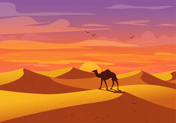 Silhouette of a camel walking across sand dunes in a desert landscape at sunset, with birds flying in the sky.