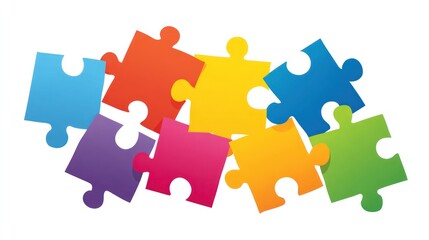 Fototapeta premium A vibrant cluster of jigsaw puzzle pieces in various bright colors, against a clean white background