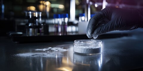 Scientist hand sprinkling powder into a glass dish