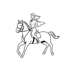 Black and white line art of a beautiful woman with perfect body riding horse elegant minimalist illustration