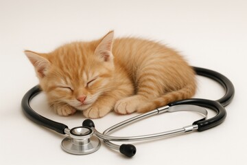 Orange kitten sleeping peacefully beside a stethoscope on a white background in a calm setting