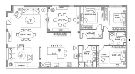 Floor plan of a spacious apartment with living room, dining room, and bedrooms