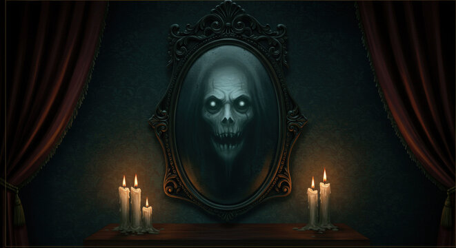 Halloween-digital art of a spooky mirror with ghostly face reflection, dark gothic room background, Halloween horror vibe