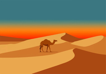 A camel walks across rolling sand dunes under a vibrant sunset sky in the desert landscape.