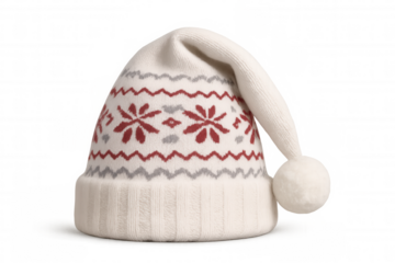 Knitted hat with pom-pom featuring a nordic style christmas pattern in red and gray, transparent background