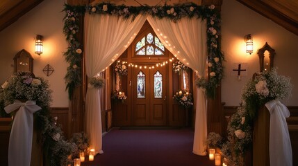 Beautifully decorated church entrance for a wedding, featuring soft drapery, floral garlands, and romantic candle lighting.