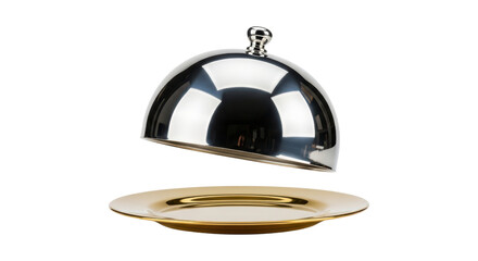 Silver cloche hovering over elegant gold plate on transparent background