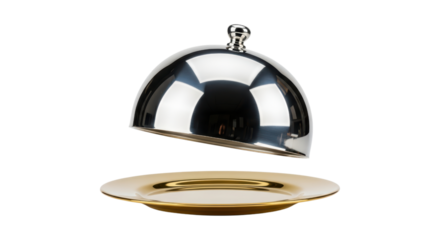 Silver cloche hovering over elegant gold plate on transparent background