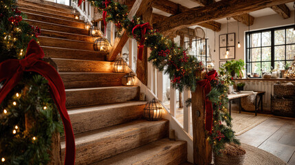 Pine garlands, fairy lights, and red ribbons adorning a wooden staircase create a festive, cozy atmosphere in a rustic home, blending traditional charm with holiday spirit