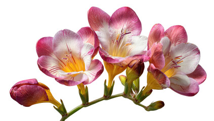 Close-up of three blossoms with a delicate, vibrant pink and white coloring.  