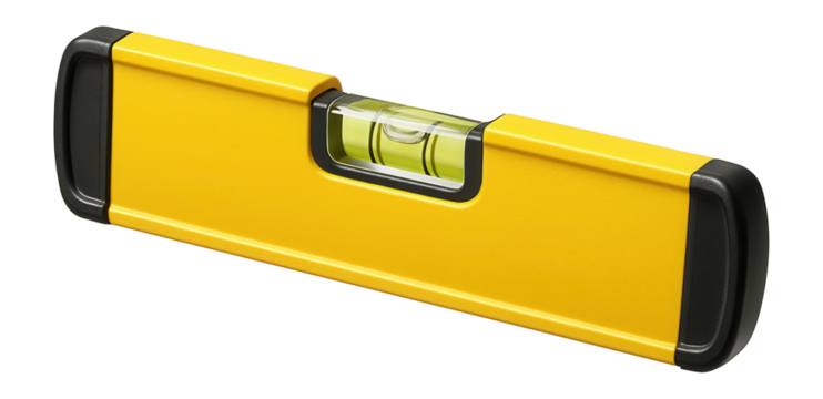 Yellow spirit level showing bubble in center position.