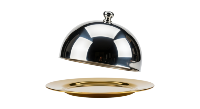 Silver cloche hovering over elegant gold plate on transparent background