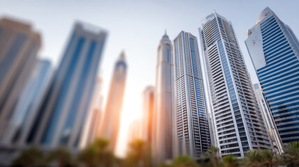 Fototapeta premium A stunning view of modern skyscrapers showcasing architectural beauty and urban life during sunset.