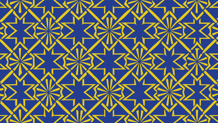 Blue and yellow geometric starburst pattern with radiating lines seamless