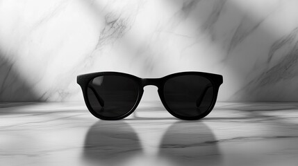 Black sunglasses front-on perspective, positioned on a marble surface with elegant lighting and soft reflections