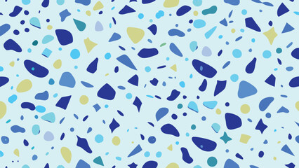 Blue and Yellow Terrazzo Pattern with Small Irregular Shapes and Dots on Light Blue Background abstract