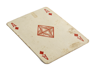 An old ace of diamonds playing card isolated on transparent background, showing signs of wear and age, vintage look